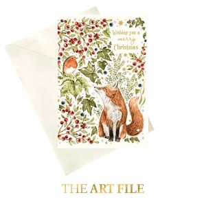 Поздравителна картичка  "Честита Коледа с чевеногушка и лисица"